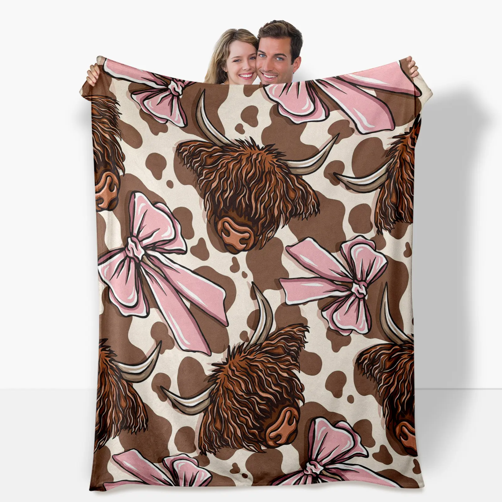 Cow Print Tufted Flannel Weave Blanket - Highland Cow with Pink Bow Tie, Anti-Pilling, Tufted Texture, Modern Print, Breathable, Multi-Size, Soft Warm All-Season Throw for Office, Sofa, Camping, Modern Gift