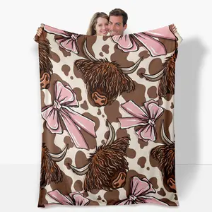 Highland cow and pink bow tie flannel blanket - Soft and warm all-season throw for office, bed, sofa, camping - Modern and comfortable gift with background design, cow blanket