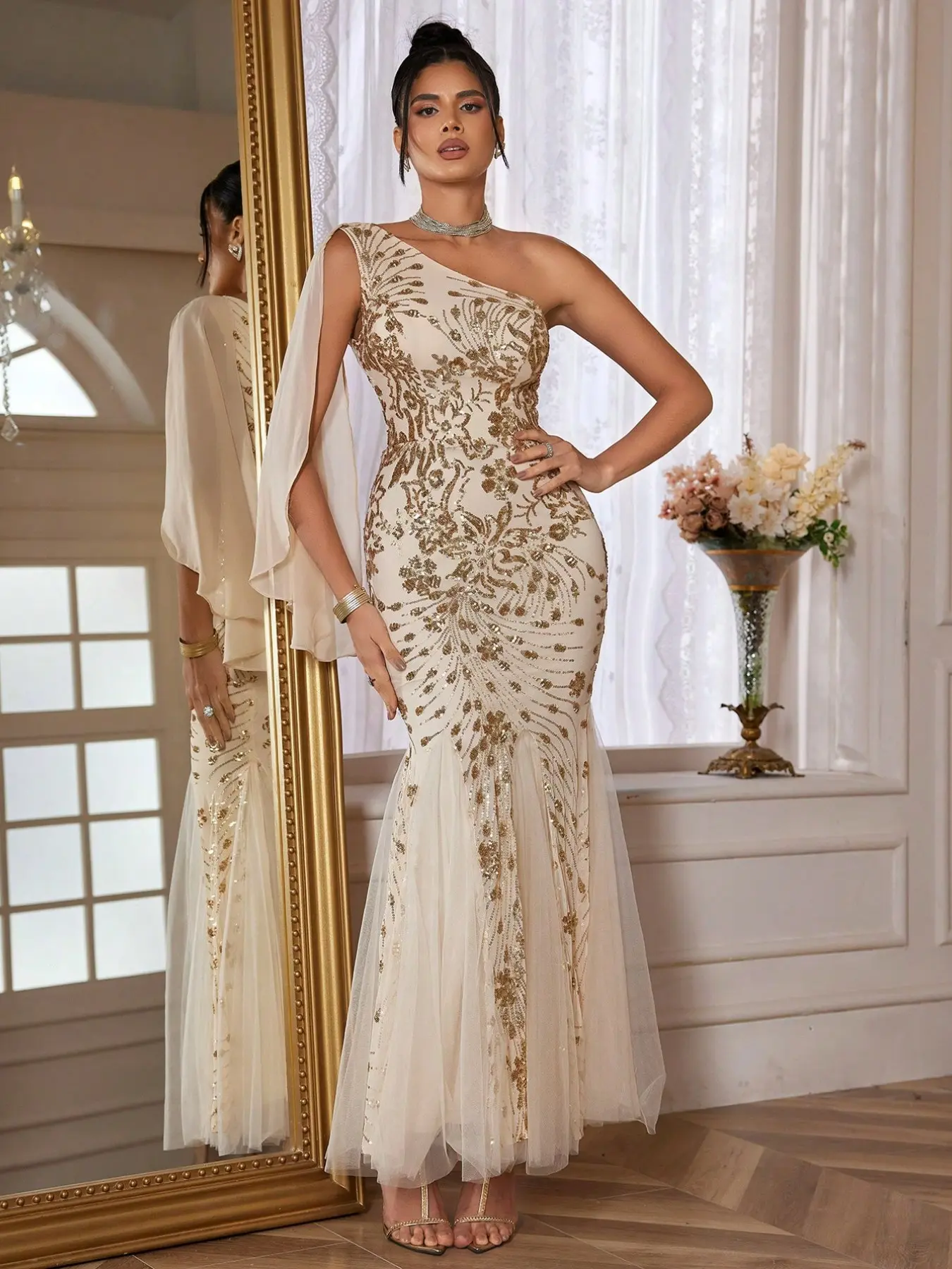 Elegant Champagne Color Gold Sequin Asymmetrical Shoulder Maxi Dress, Sleeveless Fish Tail Evening Gown, Slim Fit Holiday Party Dress, Formal Gowns