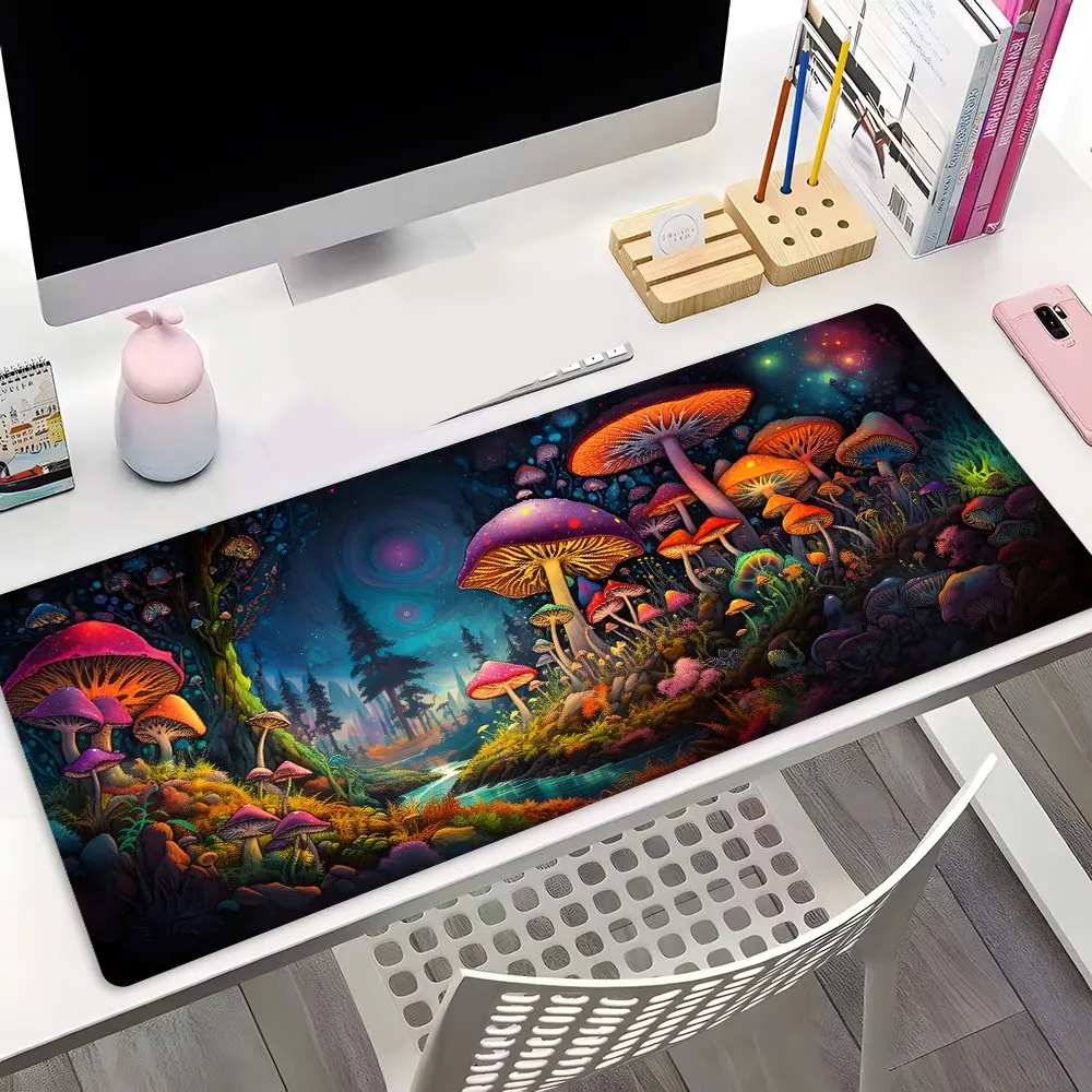 Neon Mushroom Fantasy Forest Design Large Gaming Mouse Pad, Computer Mouse Pad, Gaming Desk Accessory, Washable Office Desk pad Non-Slip Rubber Base Stitched Edge For Desk, Laptop, Home Office Game Gift For Friends Family Gaming Enthusiasts