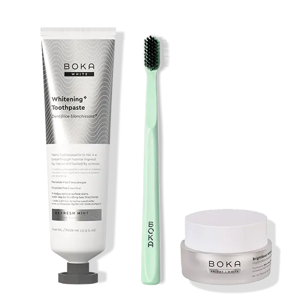 Boka Whitening Kit – Whitening Nano Hydroxyapatite Toothpaste, Whitening Powder & Toothbrush Boka Whitening Kit – Whitening Nano Hydroxyapatite Toothpaste, Whitening Powder & Toothbrush