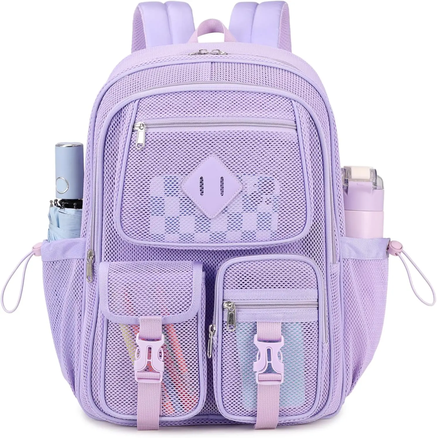 Purple See-Through School Backpacks for Girls, Heavy Duty Mesh Fabric Bag for Beach, Travel, and Work