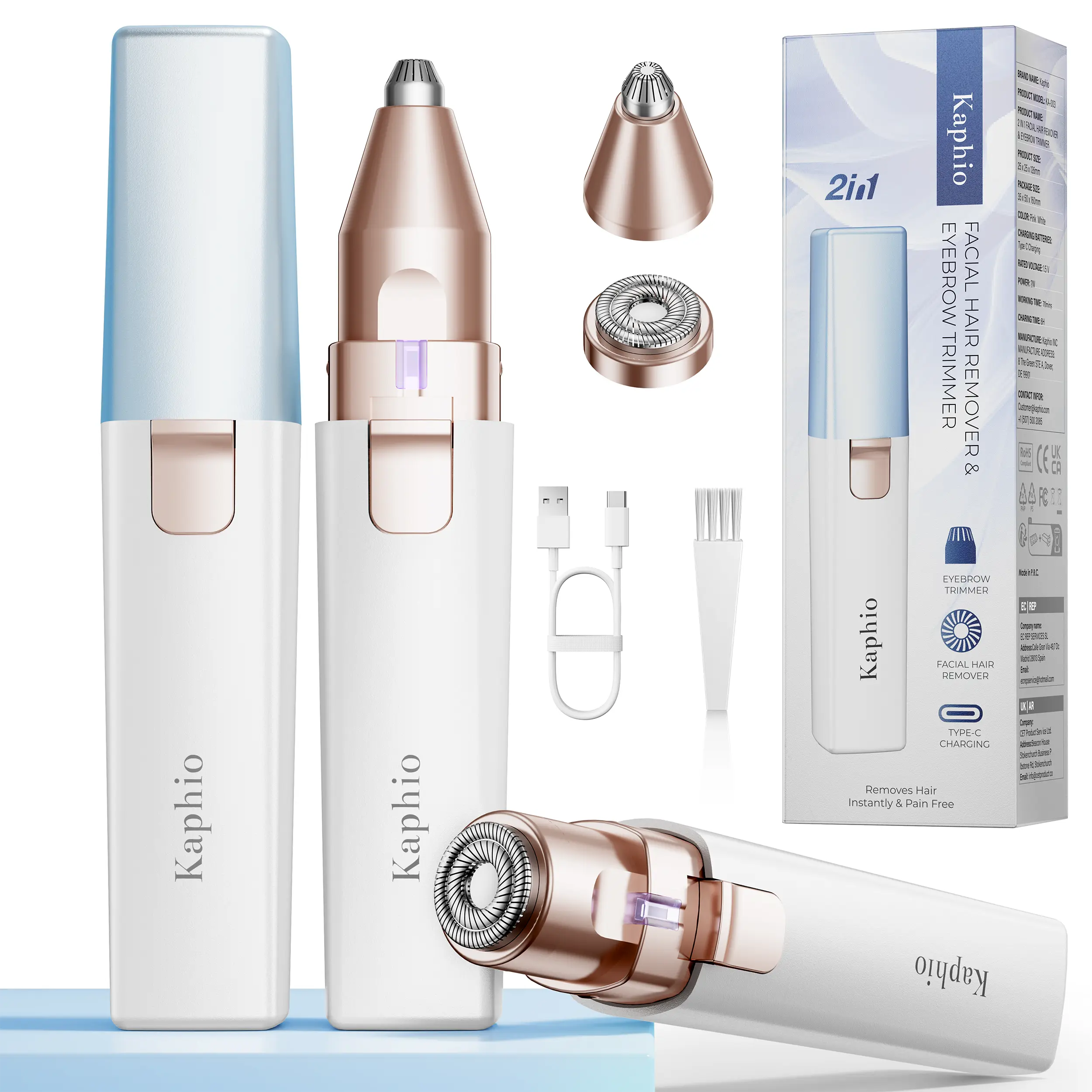 Women's 2-in-1 Rechargeable Facial & Eyebrow Hair Remover - Painless Electric Trimmer with Light for Peach Fuzz, Lips, Abs