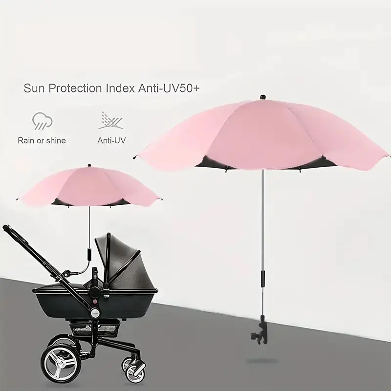 Universal Adjustable UV Protection Stroller Umbrella Attachment - Baby Car Pram Accessory, Portable Item with Long Handle, Alloy Ribs, Plastic Components, Rubber