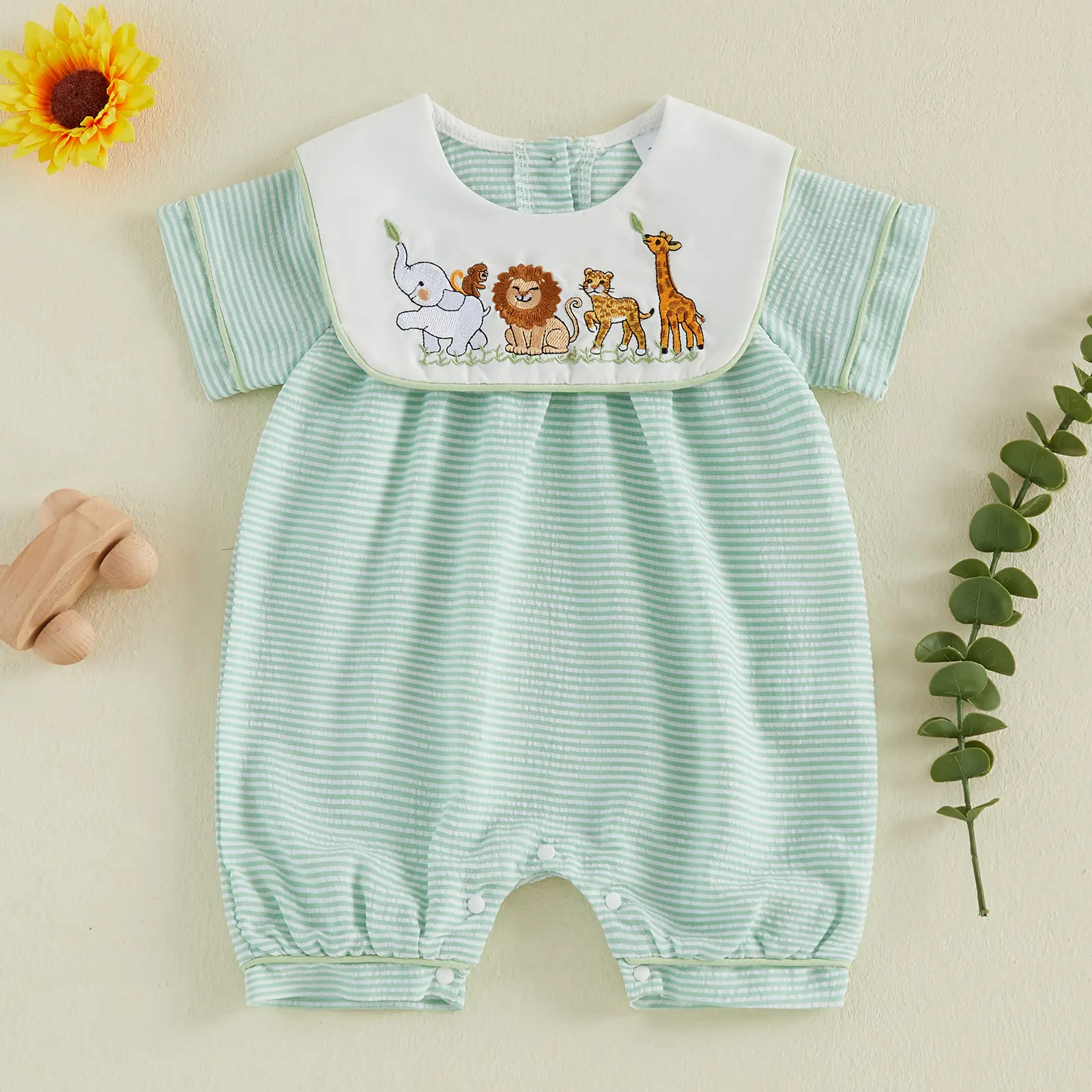 Baby Boy Clothes 1-Piece Short-Sleeve Striped Cotton-Elastane Snap Polo Romper with Animal Embroidery, Summer Infant Outfit (0-18 Months Sizing - Check Measurement Chart), Animals, One-Piece