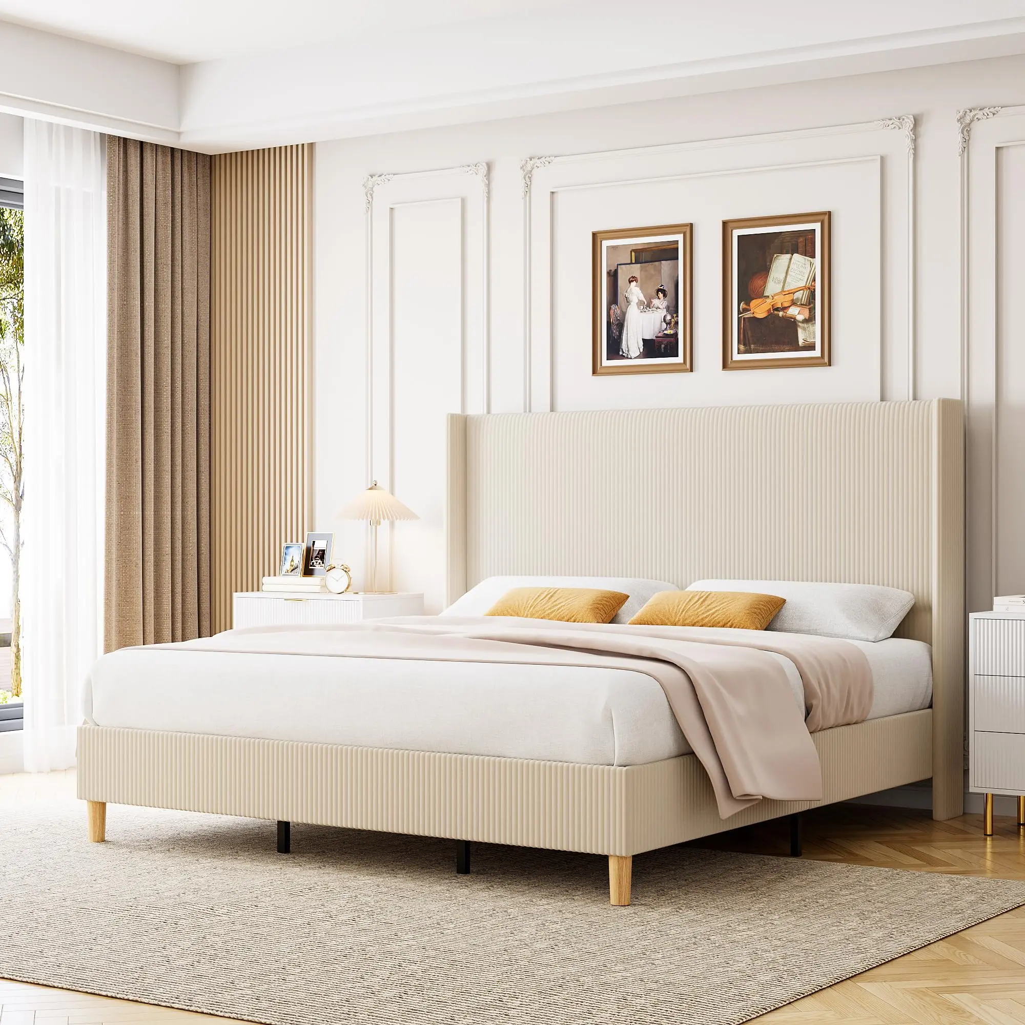 King Size Corduroy Upholstered Bed Frame,Platform Bed with 51" Tall Vertical Stripe Wingback Headboard,No Box Spring Needed/Wooden Slats/Noise Free/Beige