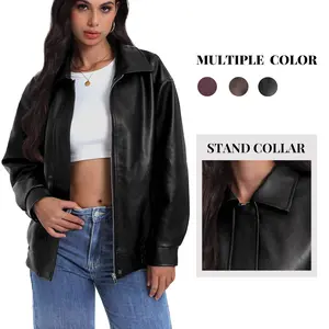 Casly Lamiit Women's Faux Leather Jackets Long Sleeve Zipper Oversized Motorcycle Biker Coat Trendy Travel Casual Outfits Outerwear Collared Stand Collar Basic Womens puffer jacket