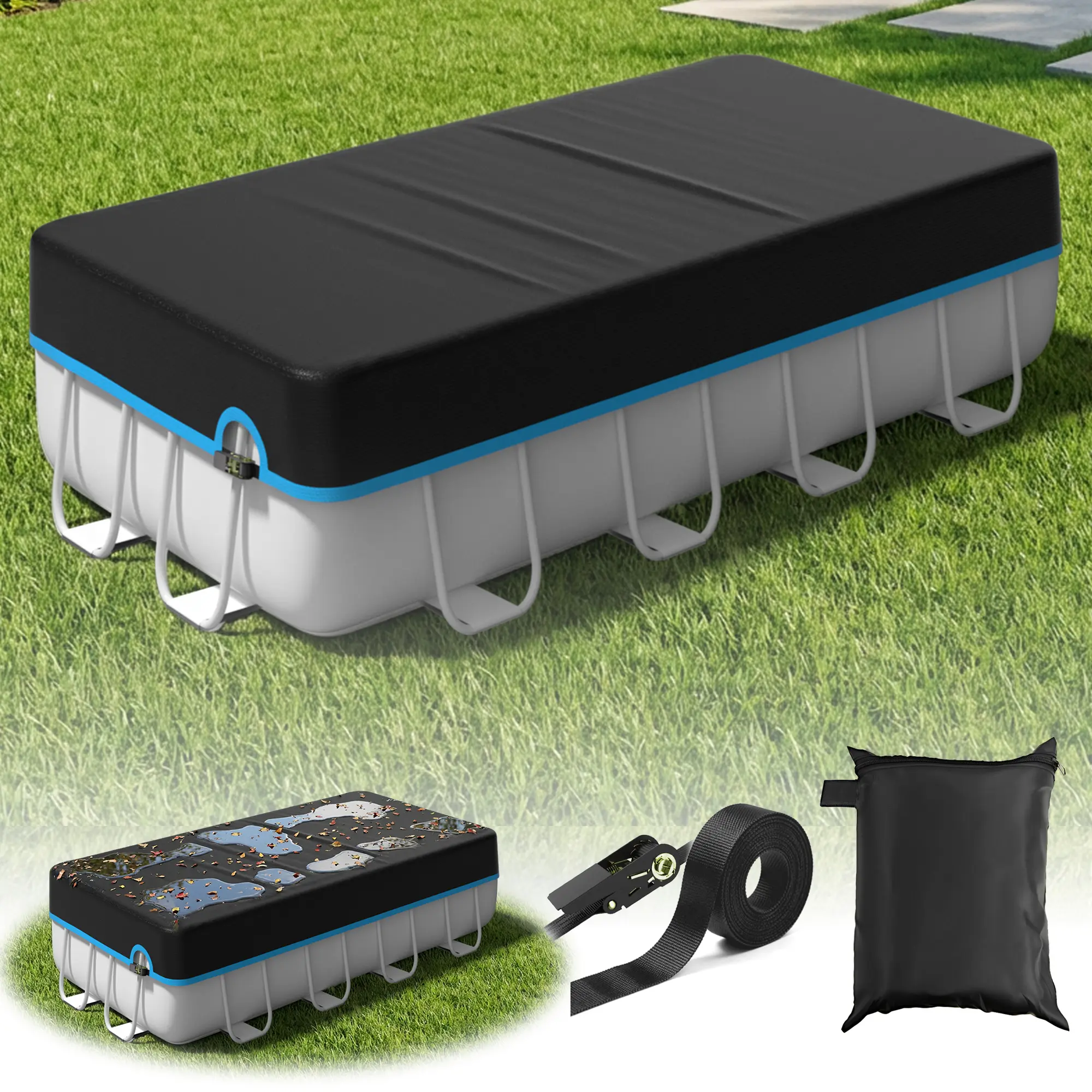 Upgraded Pool Cover with Multiple Size Options, Suitable for Above-Ground Rectangular Pools, Equipped with Heavy-Duty Metal Mechanical Latch, Made of Super-Tough Oxford Fabric, High Wind-Resistant Solar Pool Cover