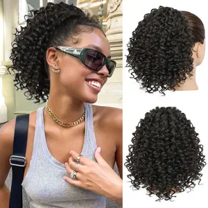 Ponytail Extension for Black Women,10 Inch Drawstring Ponytail for Black Women Curly Pony Tails Hair Extensions for Womens Afro Kinky Curly Hair Pieces for Daily Use(Brown Black)