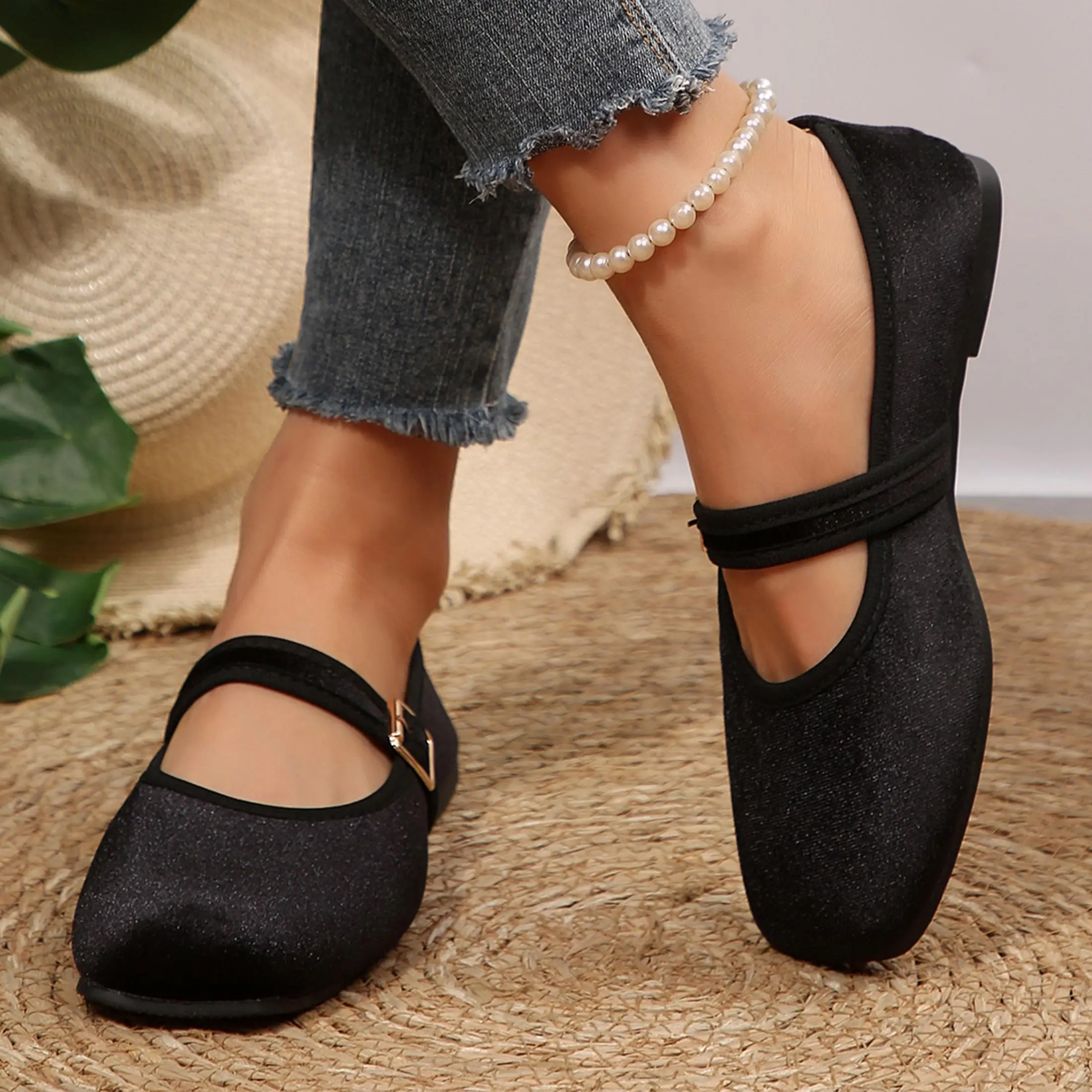Women's Velvet Ballet Shoes Flats, Square Toe Adjustable Buckle Strap Comfortable Casual Walking Shoes