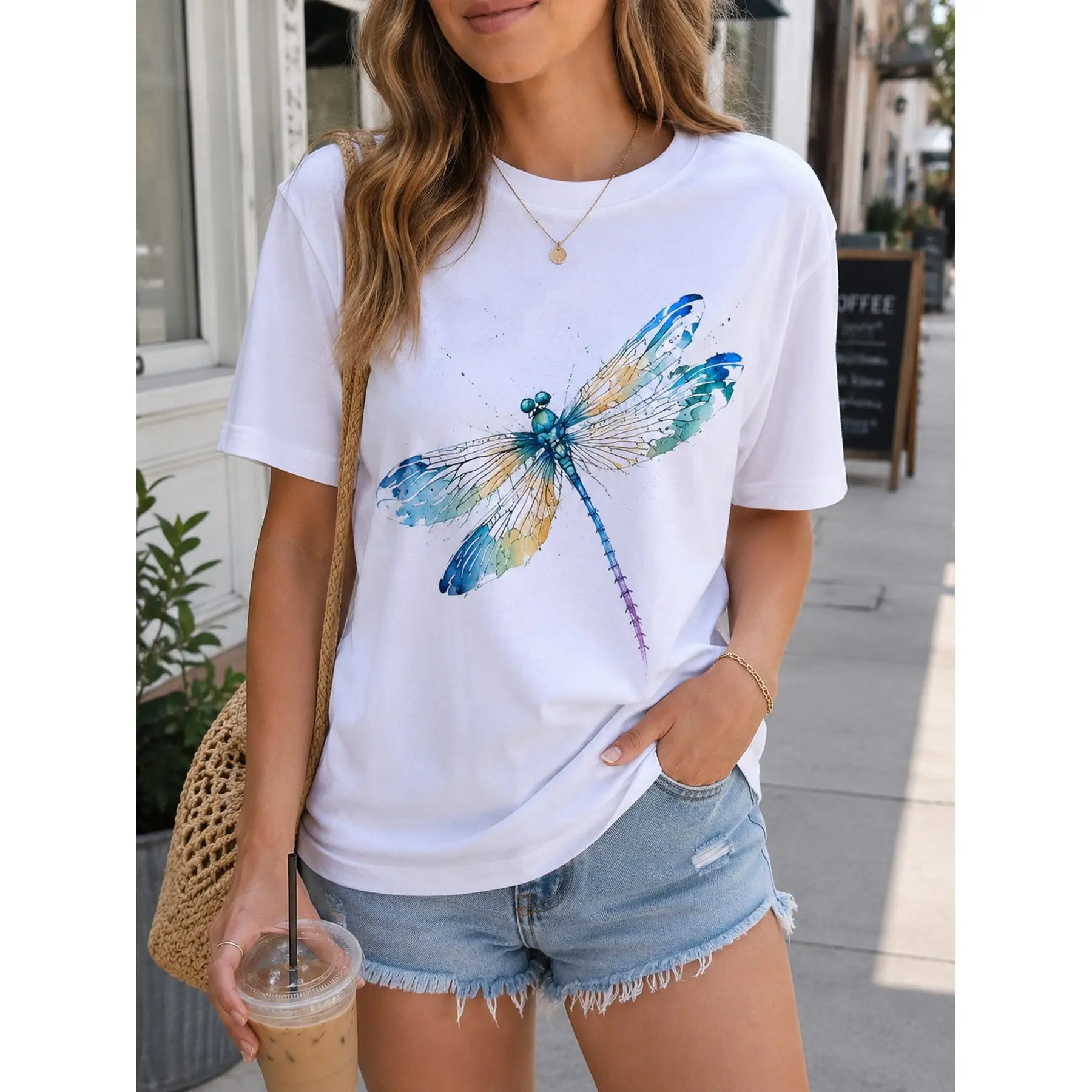 Women's Army Green Round Neck Short-Sleeve T-Shirt - Colorful Watercolor Dragonfly Print, Nature-Inspired Detailed Wildlife Artwork, Comfortable Relaxed Fit, Elegant Style, Unique Gift for Nature Lovers