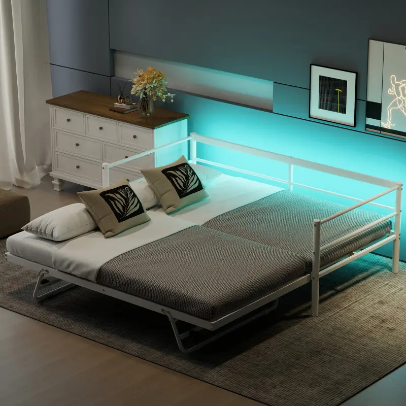 【Bellemave】Twin Size Metal Daybed with LED and Adjustable Trundle, Pop Up Trundle, White 【Bellemave】Twin Size Metal Daybed with LED and Adjustable Trundle, Pop Up Trundle, White