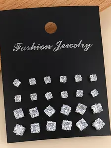 12 Pairs of Exquisite Square Stud Earrings, Earrings Set, Stud Earring Jewelry, Made of Stainless Steel, With White Cubic Synthetic Zircon, Designed in a Minimalist Casual Style for Both Men And Women As Gifts