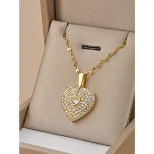 1 pcs Full Rhinestone Necklace for Women - Stainless Steel Sparkling Jewelry, Elegant Daily Wear Pendant, Hypoallergenic Gift