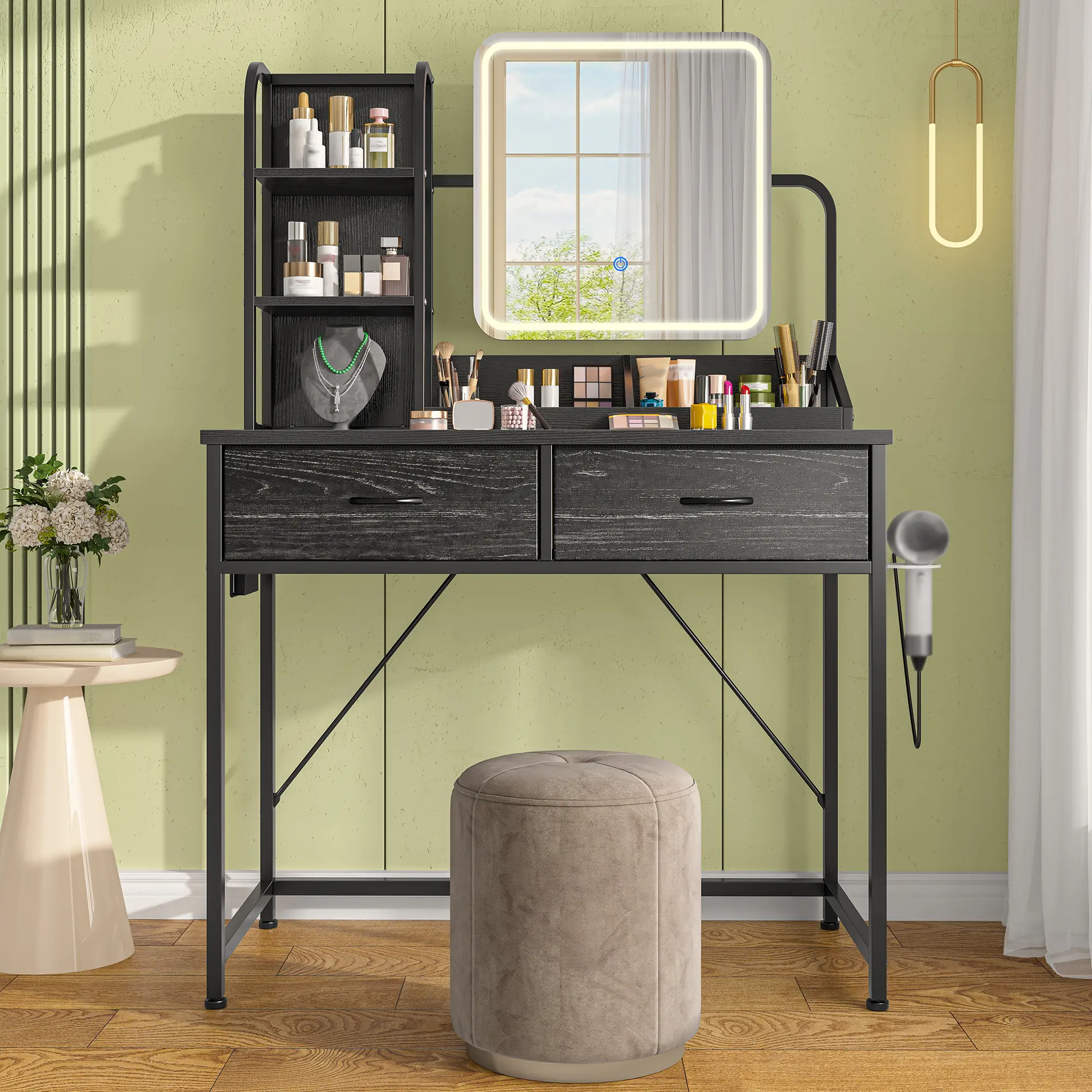 Vanity with Mirror and Lights, Makeup Vanity Desk with Drawers & Power Outlet, Small Compact Vanity Mirror with Lights 3 Colors Adjustable, White, Black