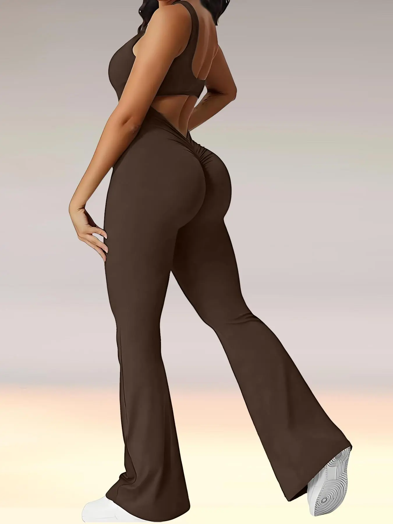 Sporty Women's Plain Backless Sports Jumpsuit, Casual Comfy Tight-fitting Sports Jumpsuit for Yoga Gym Workout, Ladies Sportswear for All Seasons, Stretchable Activewear, Workout Jumpsuits, Workout Sets Women