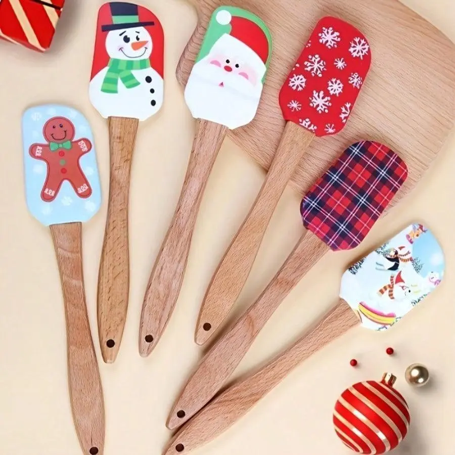 Christmas Silicone Spatulas - Wooden Handles, Snowflake, Snowman, Gingerbread For Man, Santa Claus & Reindeer Patterns, Ideal For Stirring Butter, Cream & Cake Mixing, Festive Kitchen Tools For Christmas Baking, Holiday Cooking & Gifting,  Gift Shoppers