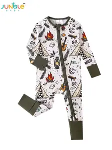 JUNBLEBABY Baby Bamboo Fiber Campfire Printed Long-Sleeved One-Piece Pajama with Soft Breathable Fabric Reversible Foot Cover Play Suit for Babies, Unisex, Zip