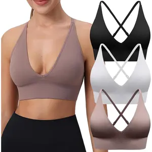 Women's Sports Bras Adjustable Deep V Neck Bras Wireless Spaghetti Strap Criss Cross Padded Low Support Sexy Bras