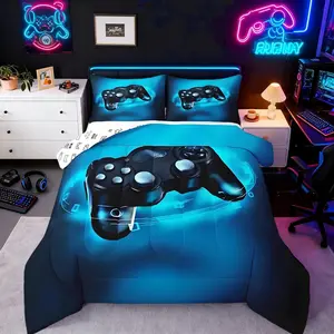 Gaming Bed Comforter Sets,Blue Gamer Bedding Set Twin Full Queen King Size, Video Game Duvet Set with Pillowcase Gamepad Room Decor Soft Cozy, Gaming-Themed
