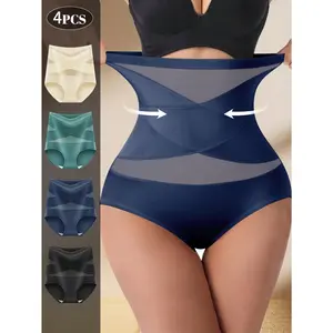 QUASTI 4 Mixed Colors High Waist Tummy Control Sexy Ladies Briefs, Crossover Breathable Hip Lifting Keep Body Slimming Shapewear Panties, Comfortable Soft Basic Fit Womenswear Underwear for Women Postpartum , S-XXL