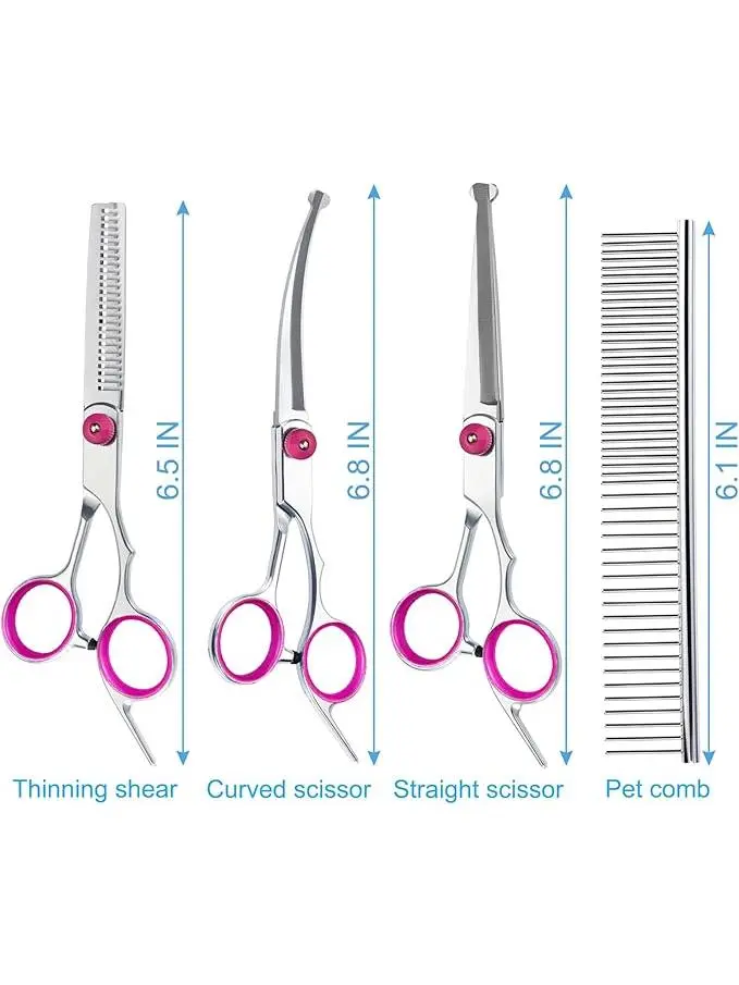 5 in 1 Premium Dog Grooming Scissors, Professional Dog Scissors for Grooming with Safety Round Tips, Lengnoyp Stainless Steel Thinning Shears, Pet Cat Shears for Grooming Kit, Pink