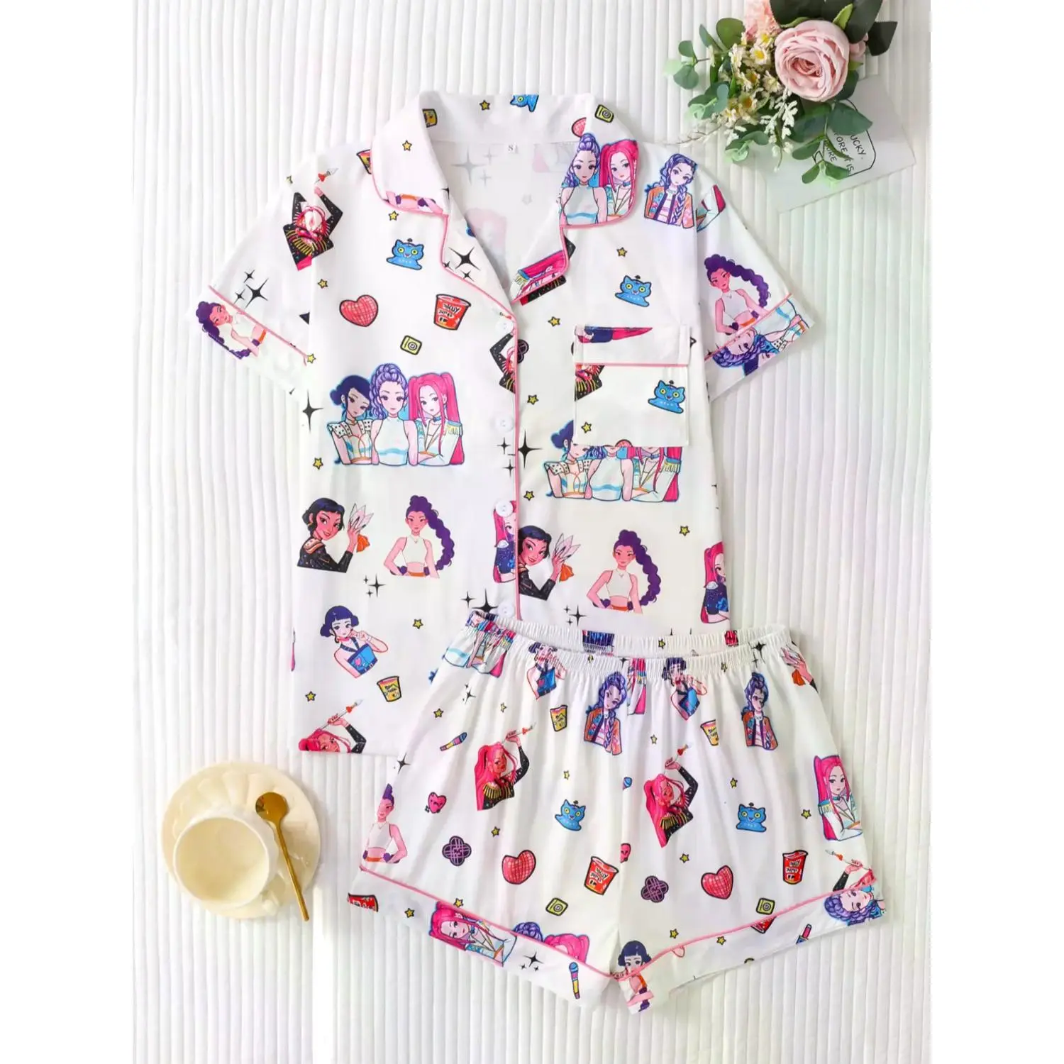 Women's Christmas Devil Print Pajama Set - Short Sleeve Lapel Top & Loose Shorts, Elegant Knit Sleepwear Loungewear