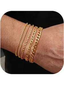 5 Pieces Bracelets Silver Gold Men Bracelets Stainless Steel Men Rope Cuban Link Set Bracelets Figaro Chain for Women Gift Jewelry Men Him Father Boyfriend Husband Stackable Bracelet