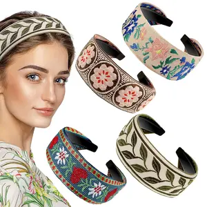 EBOOT 4 Pieces Boho Headband for Women Embroidery Wide Hair Band Bohemia Floral Knotted Wide Headbands Vintage Ethnic Style Hair Band Girls Hair Accessories(Delicate Pattern)