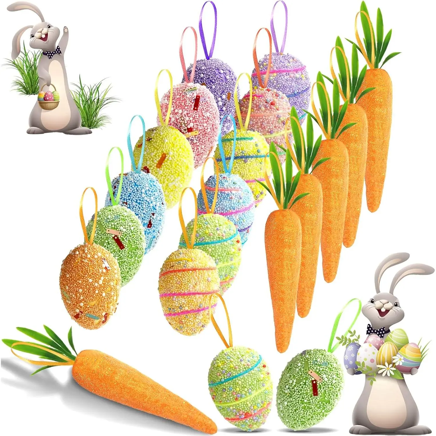 18PCS Easter Egg Ornaments and Carrot Hanging Ornaments Colorful Foam Easter Hanging Egg Ornaments Foam Glitter Artificial Carrots Easter Tree Decorations Home Party DIY Crafts