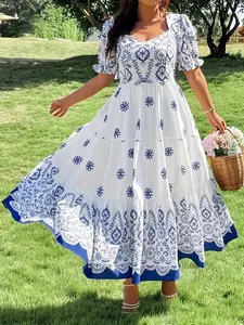 Women's Plus Size Fashion Elegant Bohemian Geometric Short Printed Dress, Stylish Ladies' Clothing, Comfortable and Trendy, Perfect for Casual Wear