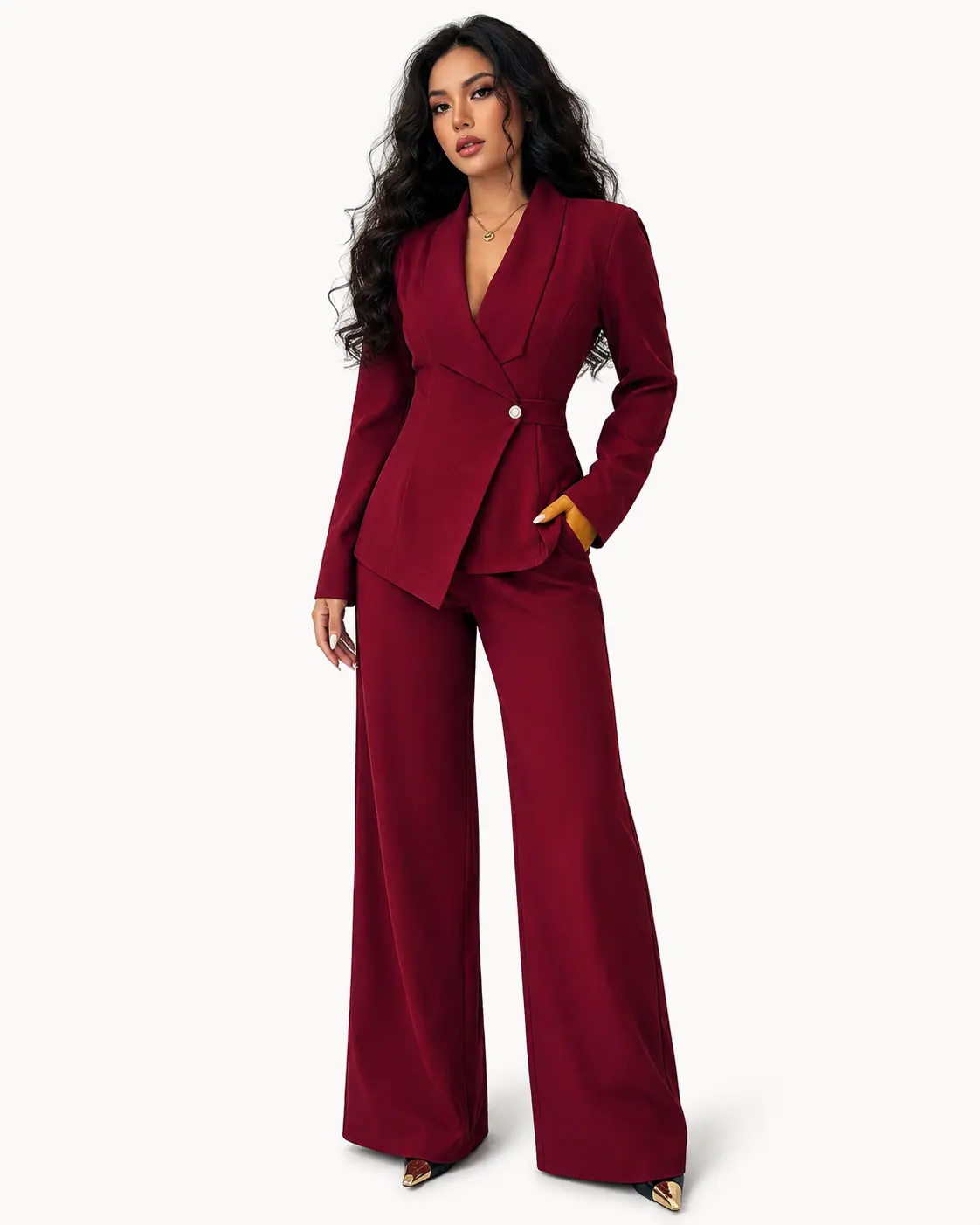 Women’s 2-Piece Belted Blazer & Wide-Leg Pants Suit – Elegant Lapel V-Neck Workwear Set for Office, Commute & Fall Long Sleeve Bottom