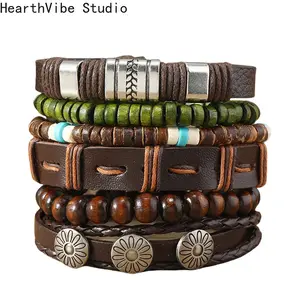 HearthVibe Studio Punk Casual Bead6 Pc/set Tree Black Khaki Handmade Men Bracelets Male Women Leather Bracelets Men Bangle Wholesale Jewelry Gift Vintage Stack