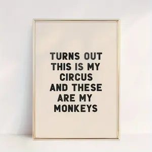 An unframed artwork with a circus theme featuring a monkey drawing on canvas. It includes inspirational quotes for wall decoration, black and white posters, vintage fashion art, and prints suitable for Christmas and Halloween. Creative