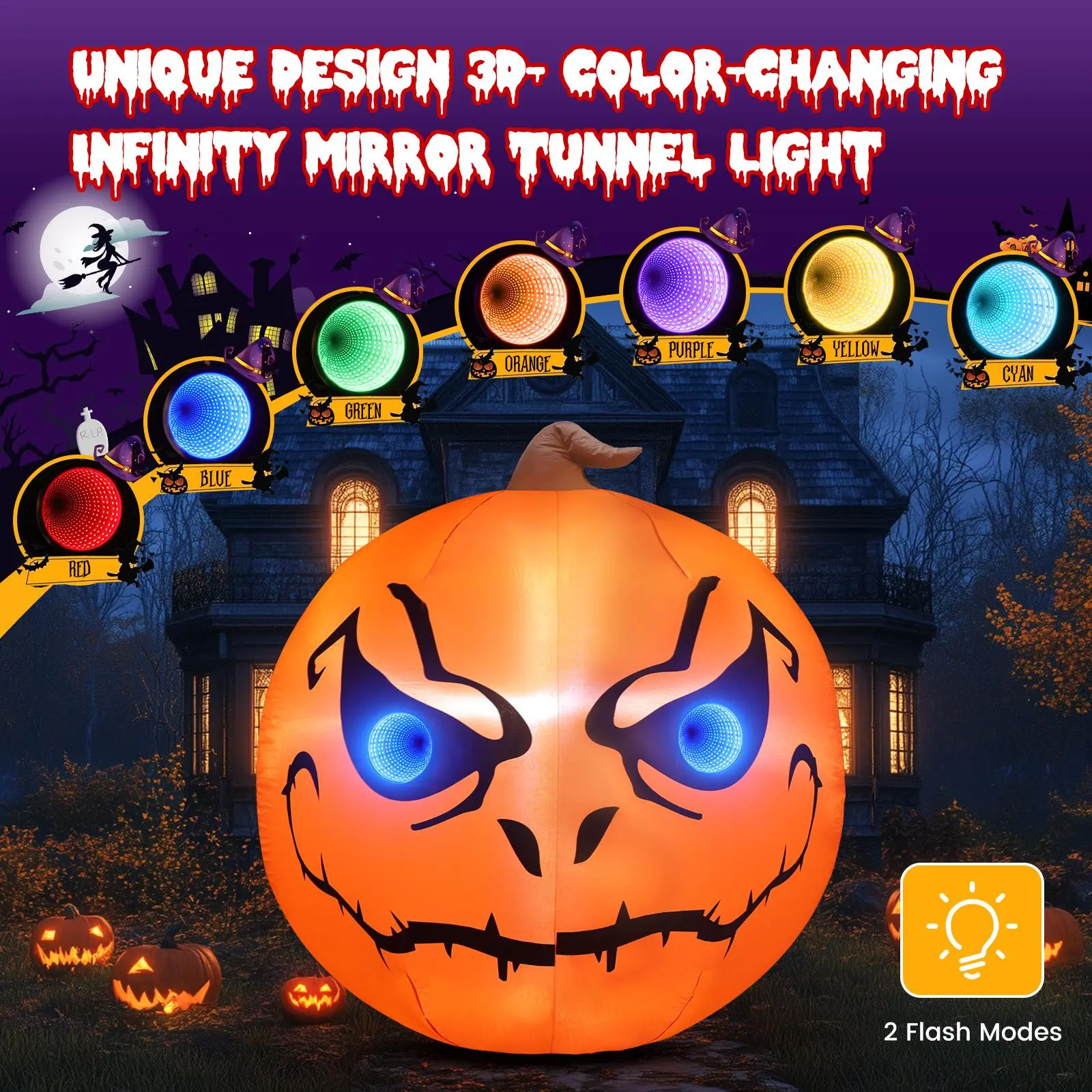 5FT Inflatable Pumpkin with 3D Infinity Mirror Tunnel Effect, Lighted Party Festival Decorations, Indoor-Outdoor Decorative Porch Garden Ornament