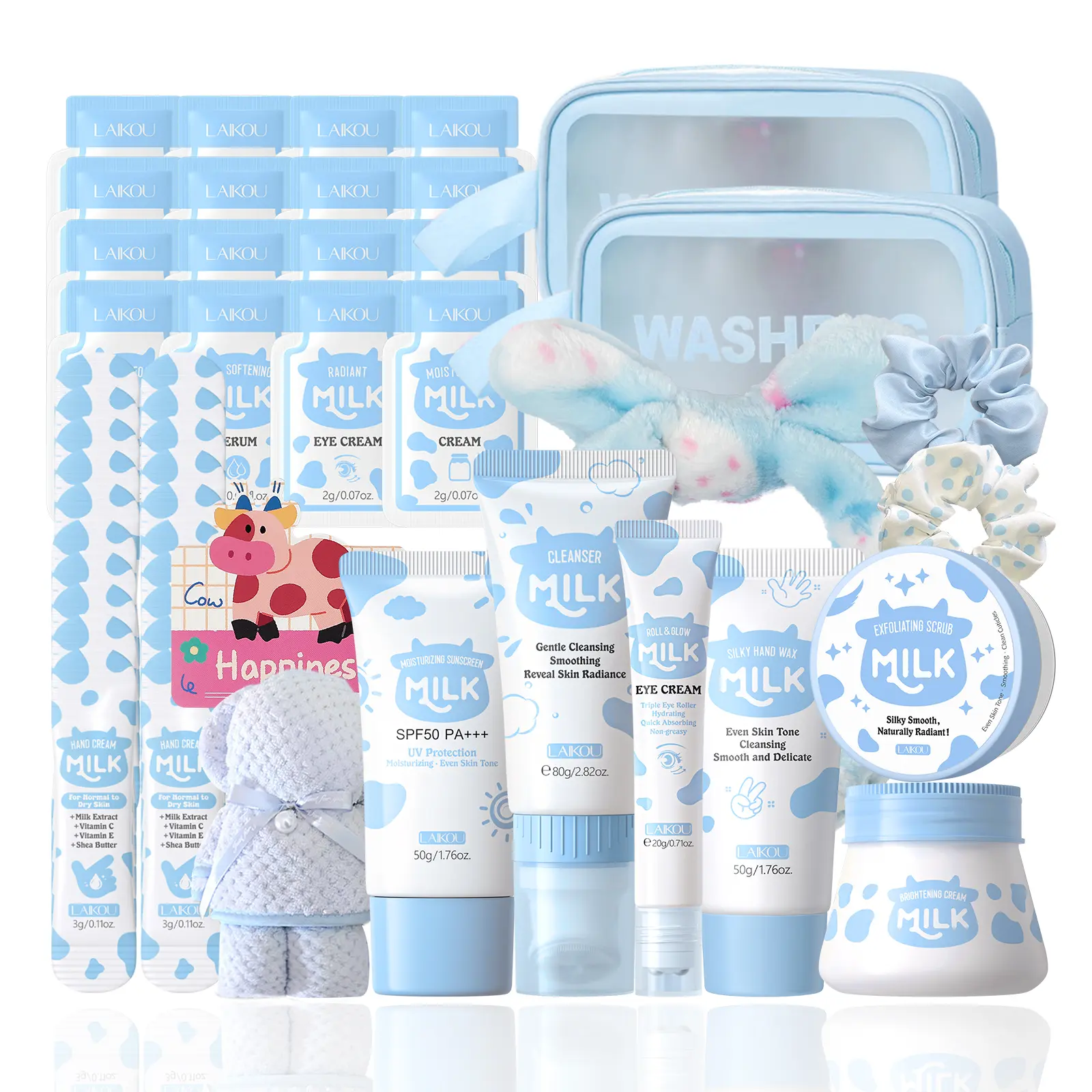 Milk Skincare Set – Skincare for girls aged 10–12 – Kids’ skincare set including milk cleanser, eye cream, tone-up cream, hand wax, hand cream, scrub, octopus brush, bear towel, wash bag – gentle face wash set for kids, suitable for all skin types