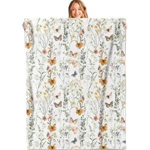 Wildflower Butterfly Throw Blanket, Soft, Lightweight Flannel,Elegant Nature with Florals and Insects on White Blankets, Gifts for Women, for Cottagecore Home Living Room Decor