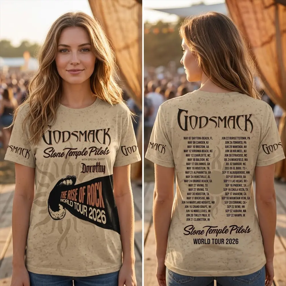 Godsmack Stone Temple Pilots World Tour 2026 Unisex 3D Shirt, The Rise of Rock Tour Print with Band Logos, Perfect Gift for Rock Music Fans