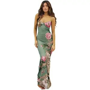 2024 Summer New Women's Dress Vacation Style Elegant Slim Print Design Sling Dress Women Casual Collar