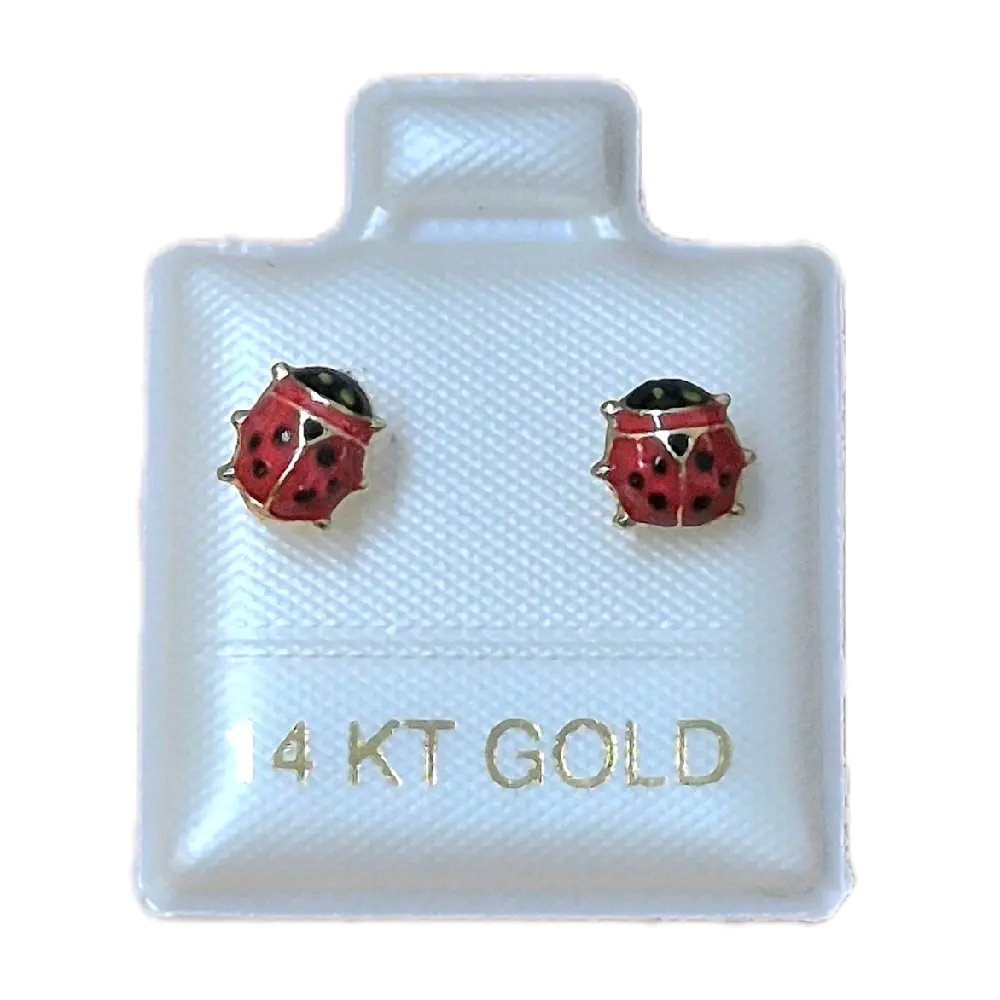 14K Real Gold Ladybug Stud Earrings - Elegant Red Enamel Design for Women's Jewelry