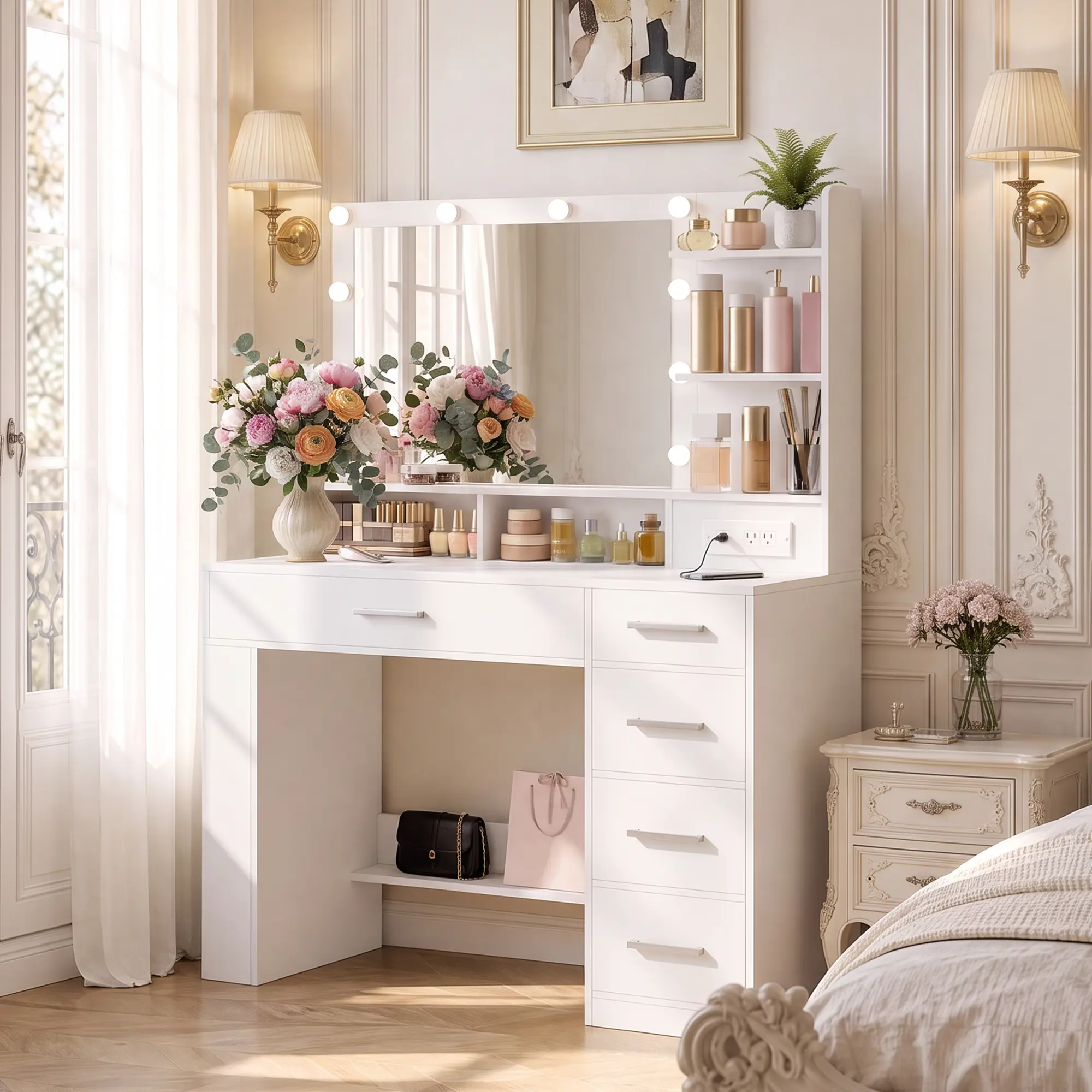 Hzuaneri White Simple Mirrored Makeup Vanity Desk - Vanity with Mirror and Lights, Large HD LED Lighting Mount, Power Strip, 6 Shelves, 5 Drawers, Side Open Compartment, Sturdy Particleboard Build, Modern Home Decor, Modern Furniture Storage Solution