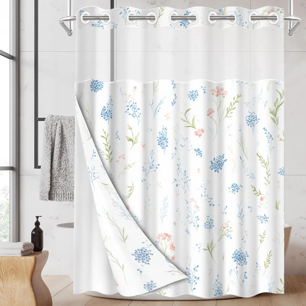 1pc hookless shower curtain with buckle lining, Aesthetic shower curtain, spring blue and pink floral design, Bathroom Shower Curtain, 2D flat printing, waterproof lining, see-through double-layer shower curtain, 71 x 74 inches, home draping curtain