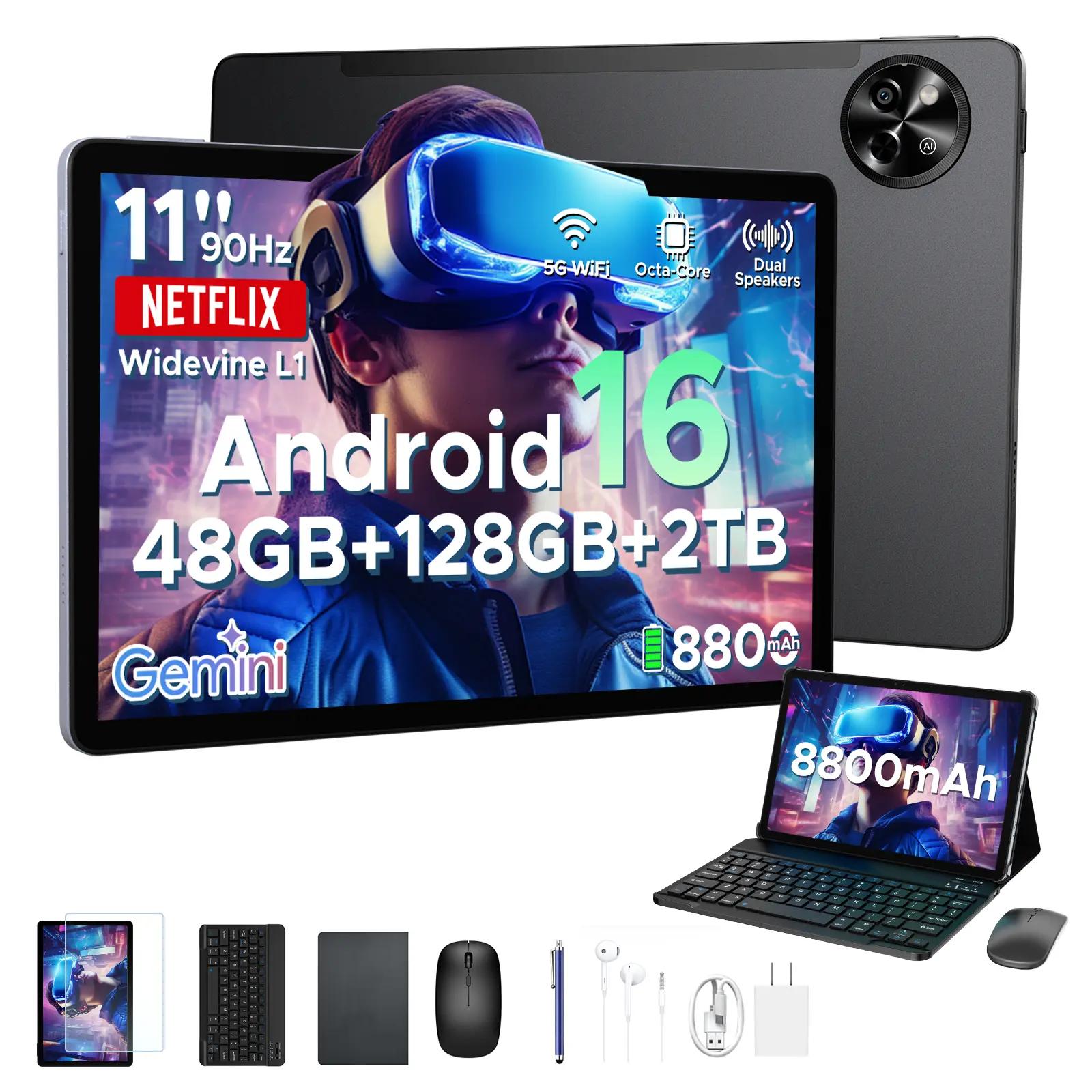 P11 Newest 11 Inch Tablet, Android 16 Tablet with Gemini AI, 48GB RAM+128GB ROM/TF 2TB, T7250, 90Hz Display 8800mAh Tablets with Keyboard, Pen, 13MP+5MP, 3.5mm Headphone, 5G WIFI, Blue Cellphone Smartphone