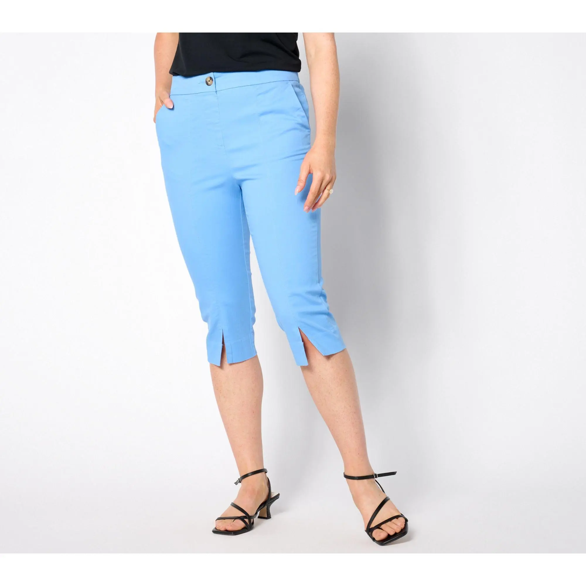 Isaac Mizrahi Live! Petite Fit Brushed Sateen Straight-Leg Pedal Pusher Pants with Side Slit and Button Details