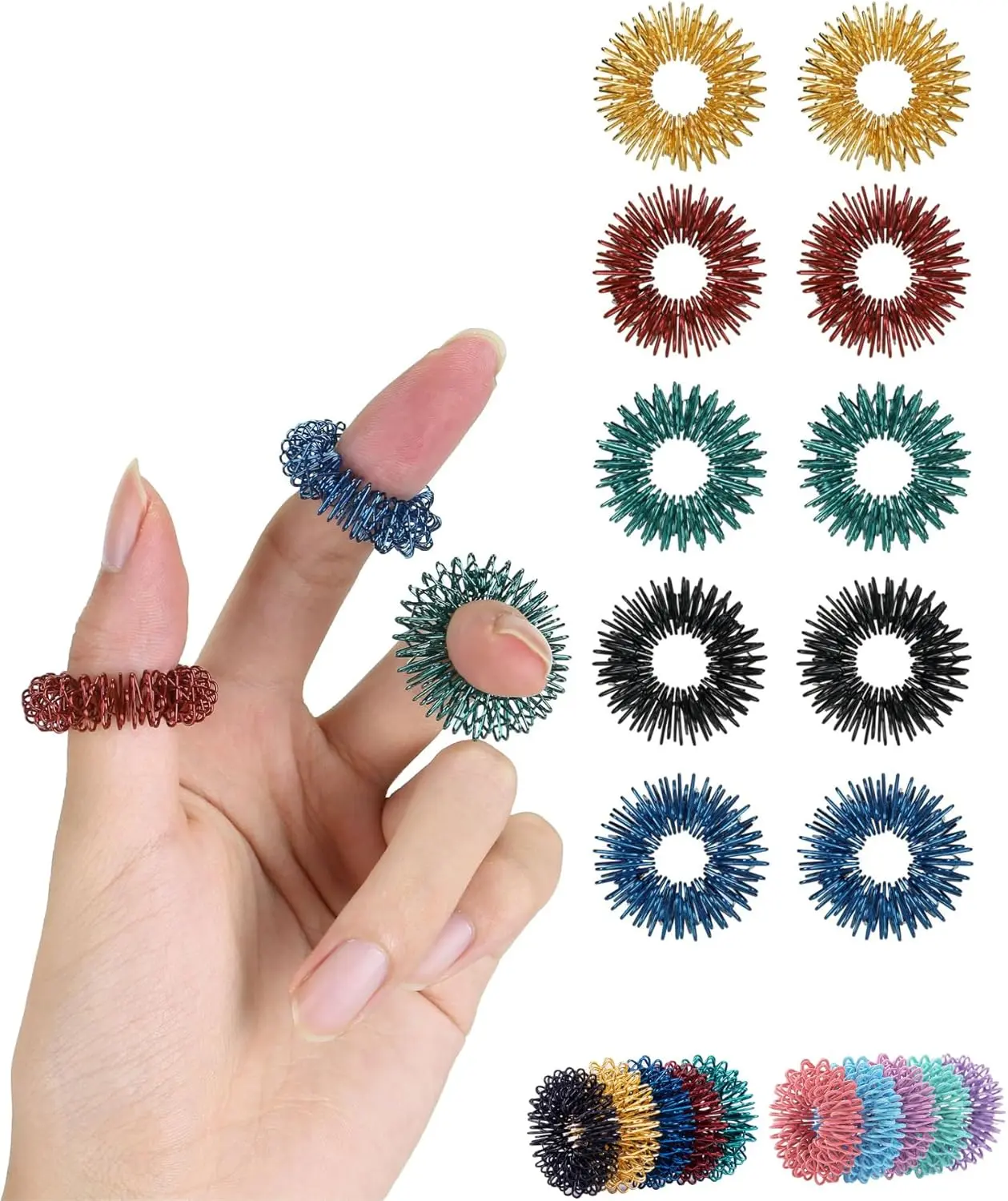 Spiky Sensory Rings 10 Pack, Stress Relief Fidget Rings for Anxiety, Sensory Fidget Toys for Kids & Adults, Acupressure Massage Rings, ADHD, Autism, Classroom Prizes, Party Favors