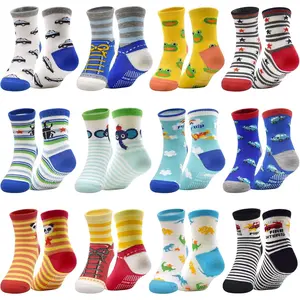 Unisex Kids Cotton Blend Elastic Socks - 12 Pairs, Crew Length, Non-Slip Grips, Cute Animal & Character Prints, for 1-7 Year Old Boys & Girls