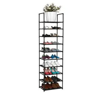 Vertical Shoe Rack 10 Tiers Narrow Rack for Closet DIY Tower Holds 20-25 Pairs Durable Stackable Shelf Space Saving Stand with 2 Hooks Metal Organizer, Black