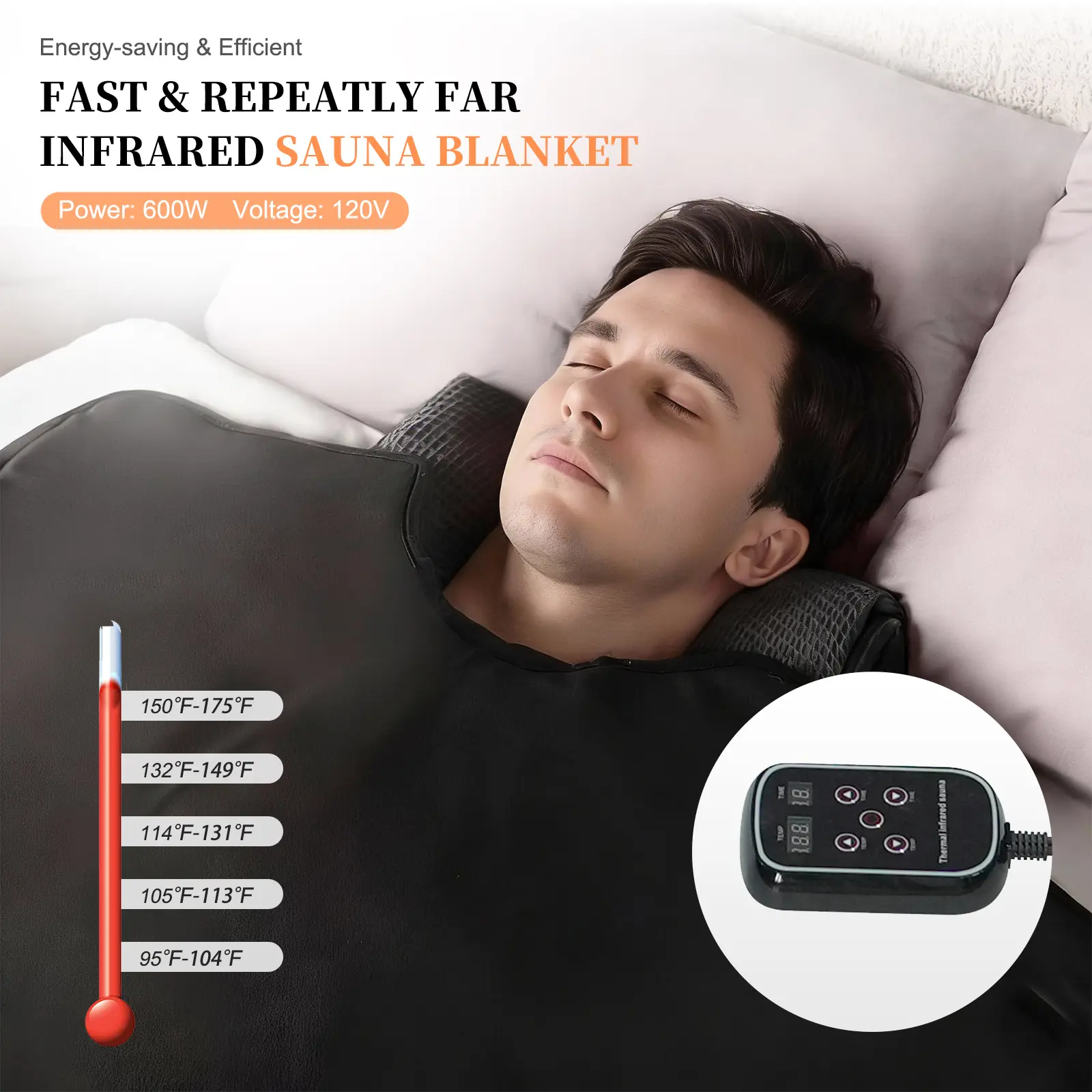 Smartmak Low EMF Shielded Thermal Heated Infrared Sauna Blanket with Crystal Therapy, 20-60 Min Adjustable Timer, 95-175℉ Temp Control, 71x35.4in Durable PU Leather Cover for Home Toxin Detox Relaxation, Heated Blanket