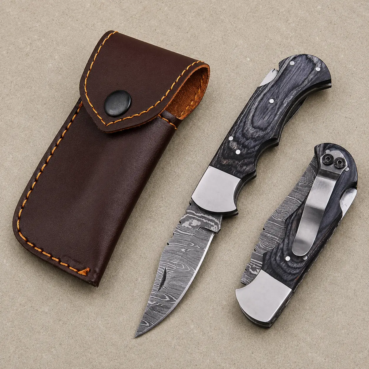 Personalized Damascus Folding Knife – Charcoal Black Pakka Wood Handle, Steel Bolster, Back Lock & Leather Sheath | Custom Engraved Gift