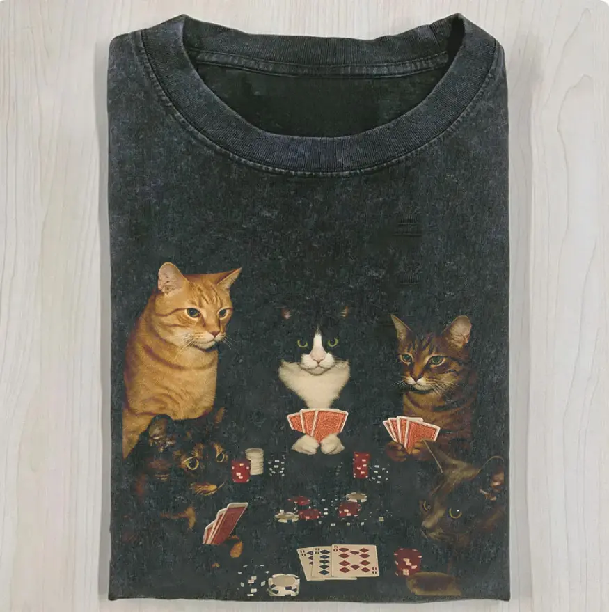 Vintage Cats Playing Pokerr Meme Graphic Tee, Funny Cat Shirt, Funny Poker Graphic Tee Gift For Boyfriend Menswear Top Streetwear